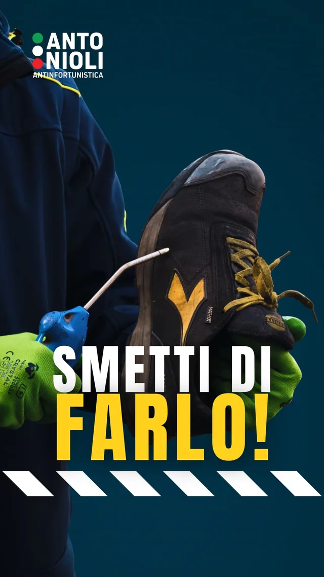 Contenuto social Antonioli "Smetti di farlo!" su dettaglio di scarpa antinfortunistica