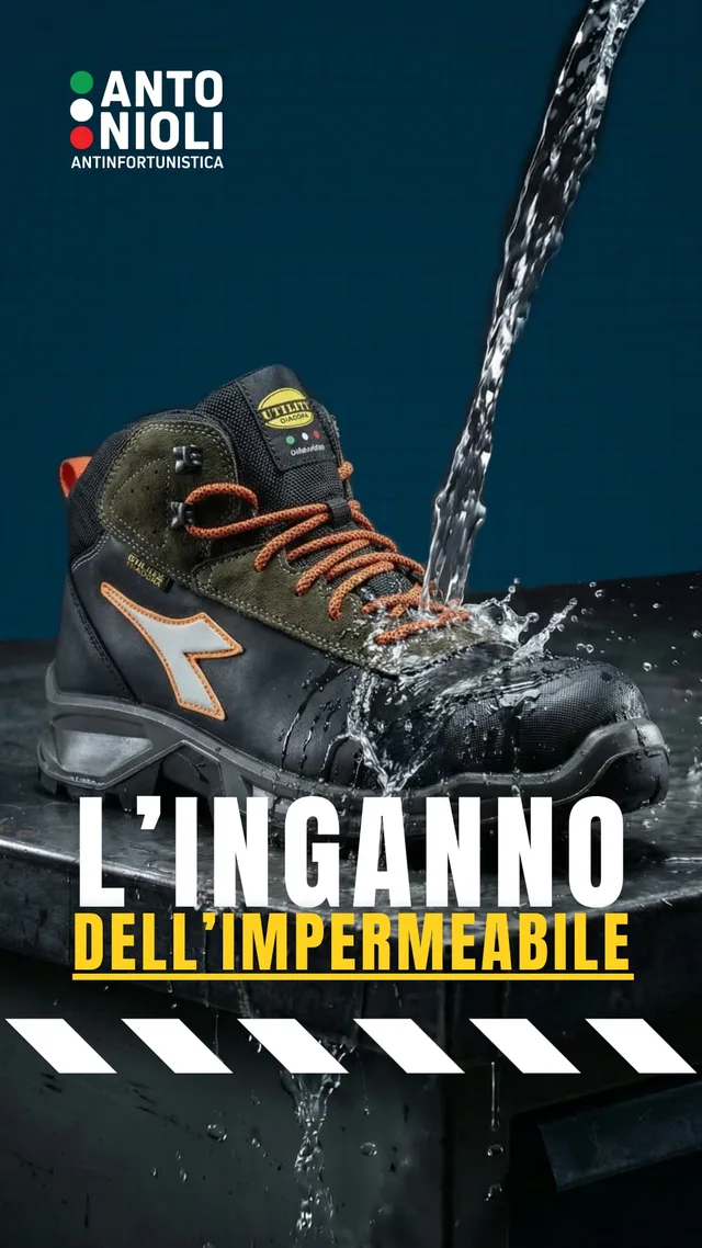 Contenuto social Antonioli "L'inganno dell'impermeabile" su scarpa Diadora Utility bagnata