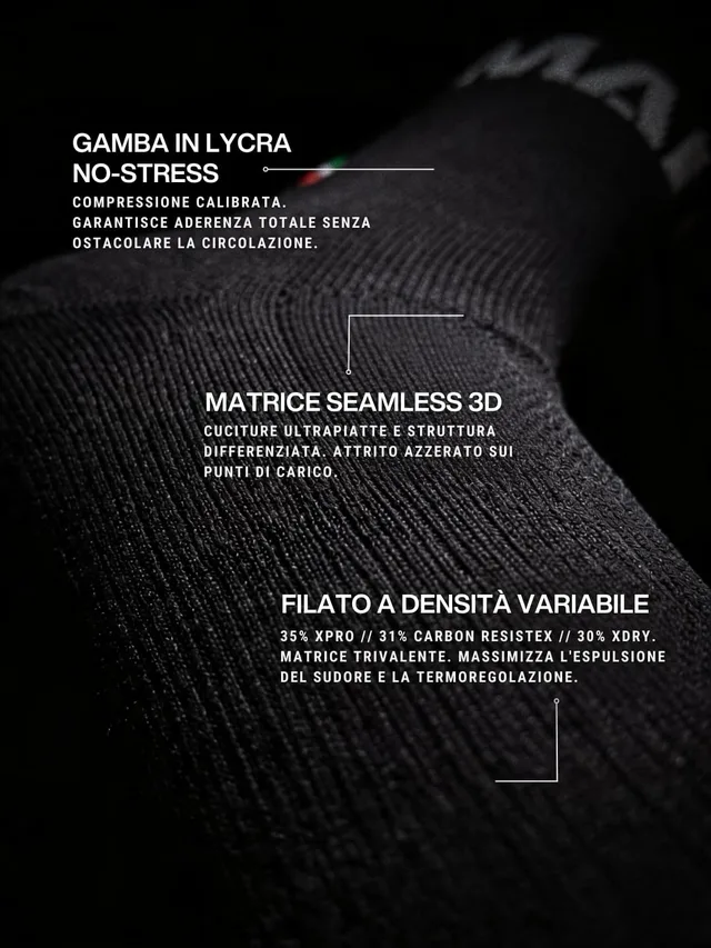 Infografica tecnica del calzino MAI Extreme con dettagli su tessuto, cuciture e filato