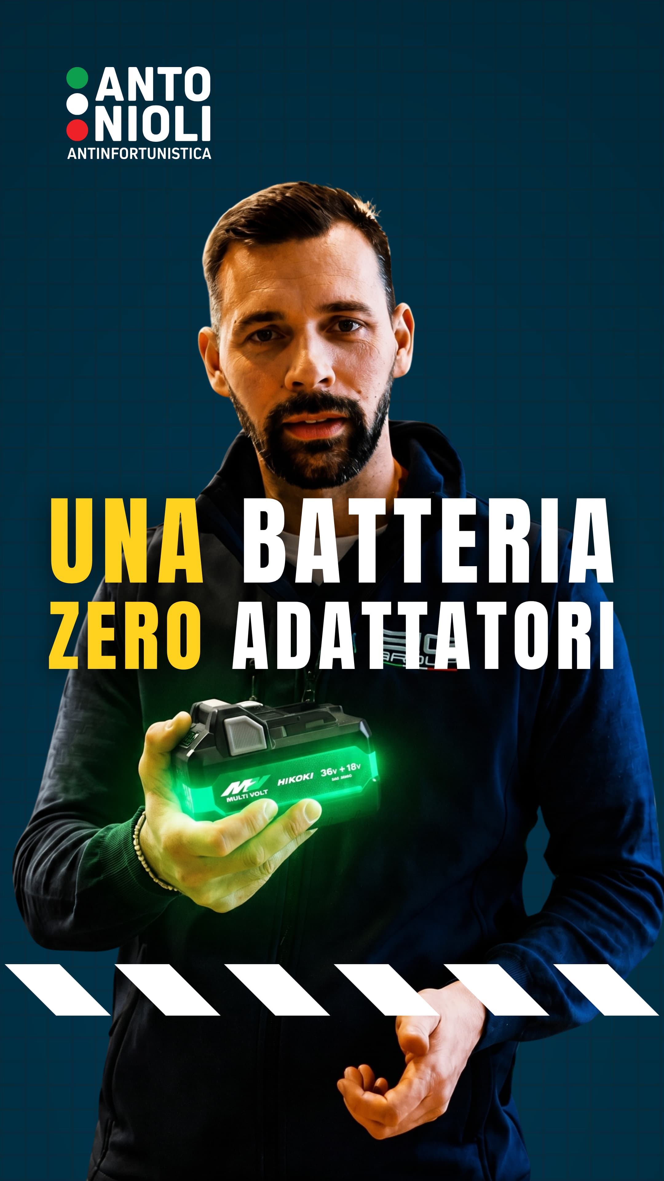 Contenuto social Antonioli "Una batteria, zero adattatori" su batteria Hikoki Multi Volt