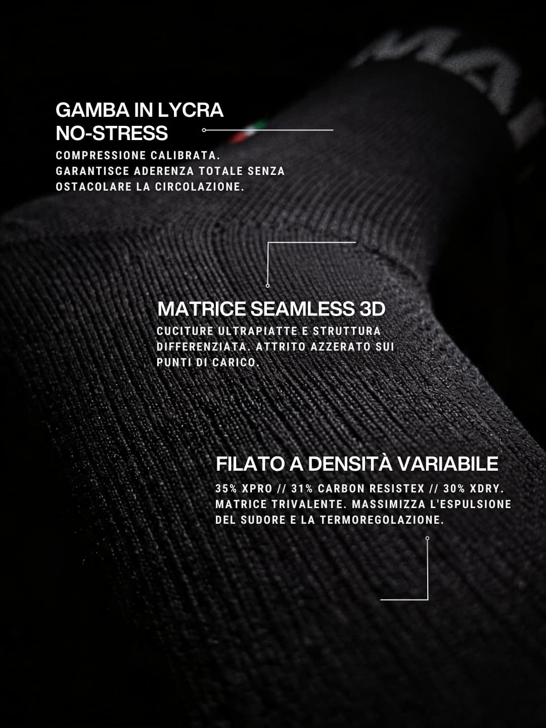 Infografica tecnica del calzino MAI Extreme con dettagli su tessuto, cuciture e filato
